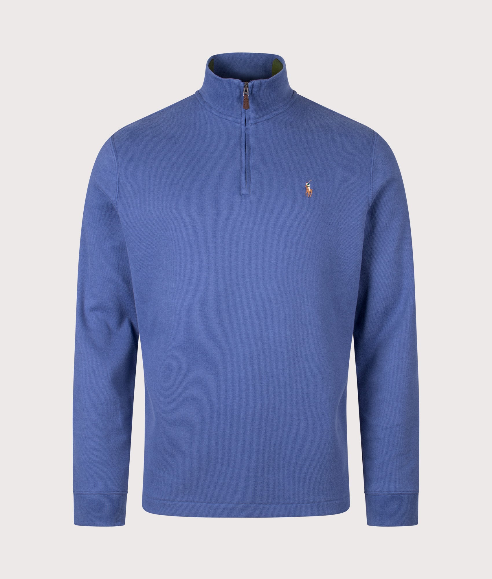 Polo Ralph Lauren Estate Rib Quarter Zip Knit in Old Royal Blue at EQVVS Menswear. Front shot.