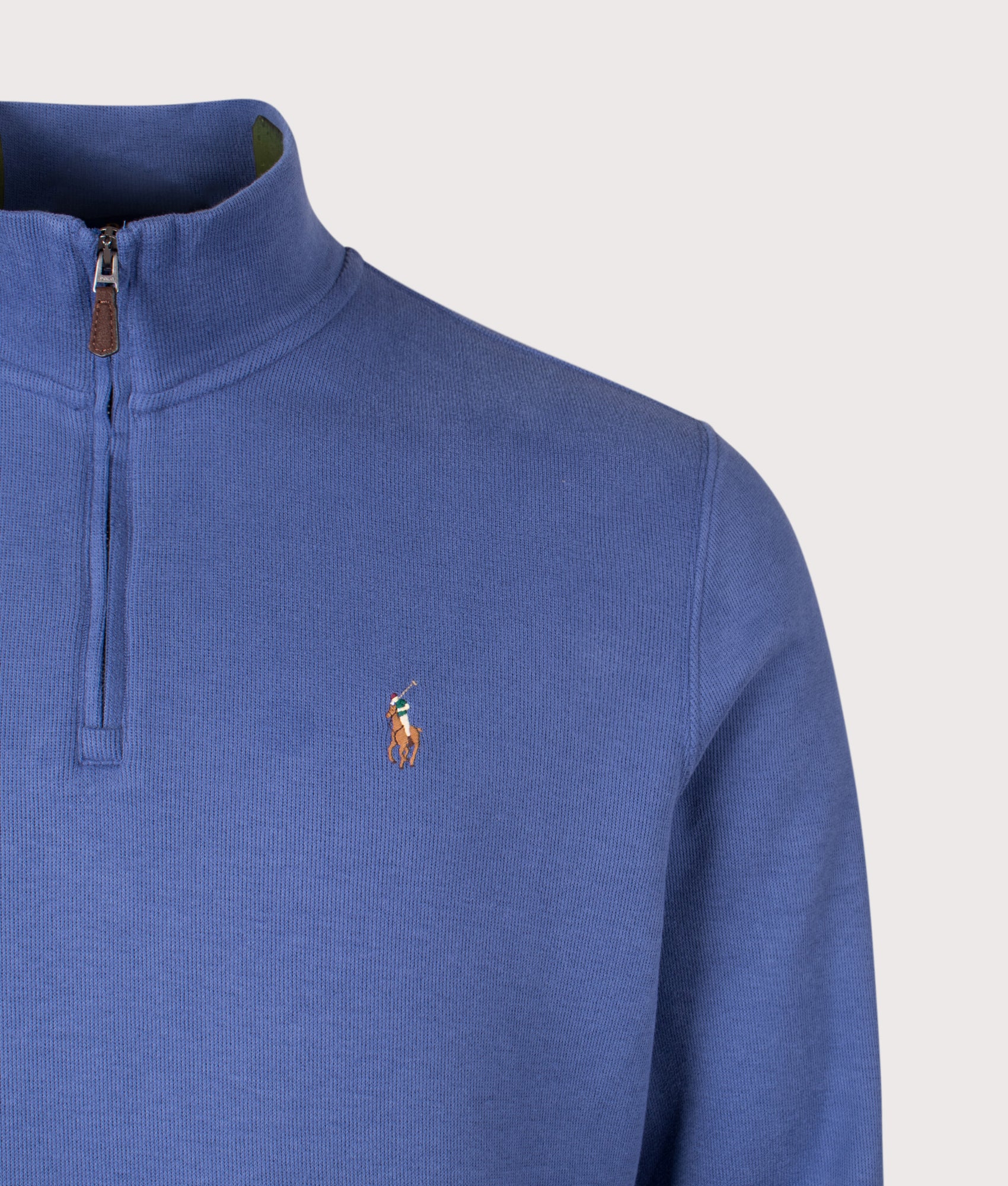 Polo Ralph Lauren Estate Rib Quarter Zip Knit in Old Royal Blue at EQVVS Menswear. Detail shot.
