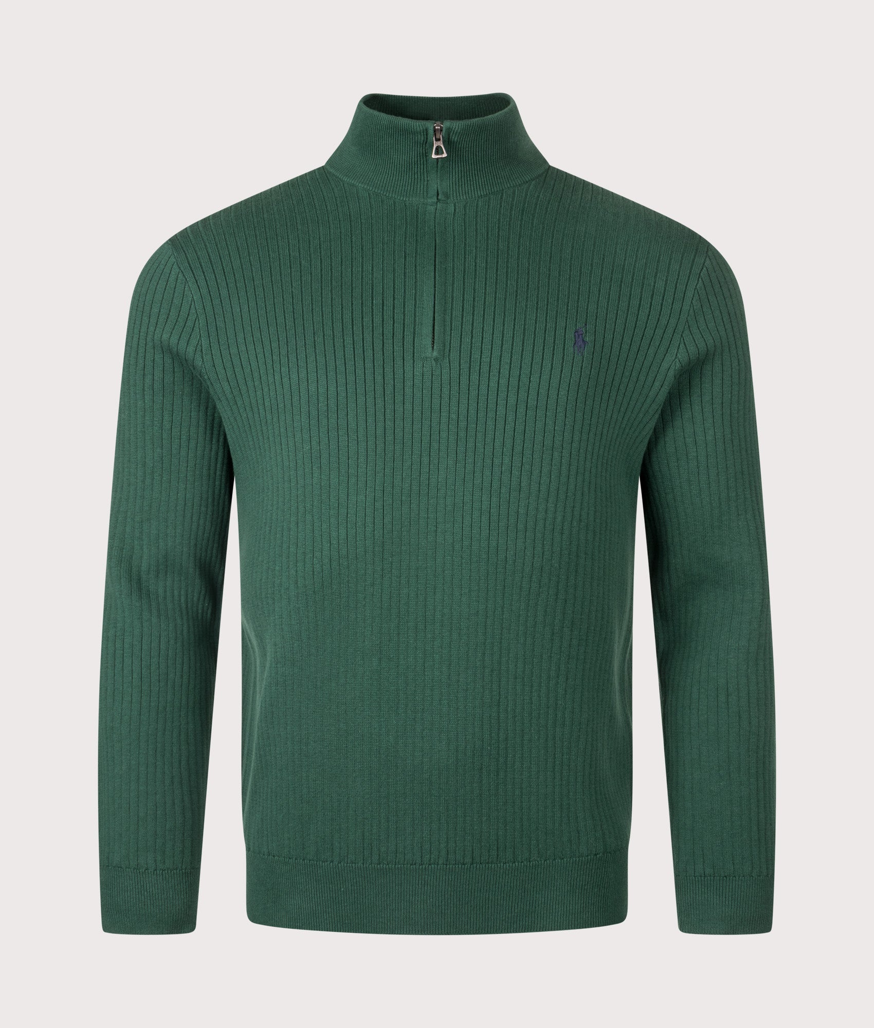 Polo Ralph Lauren Rib-Knit Cotton Quarter-Zip Sweatshirt in Vintage Pine at EQVVS Menswear. Front shot. 