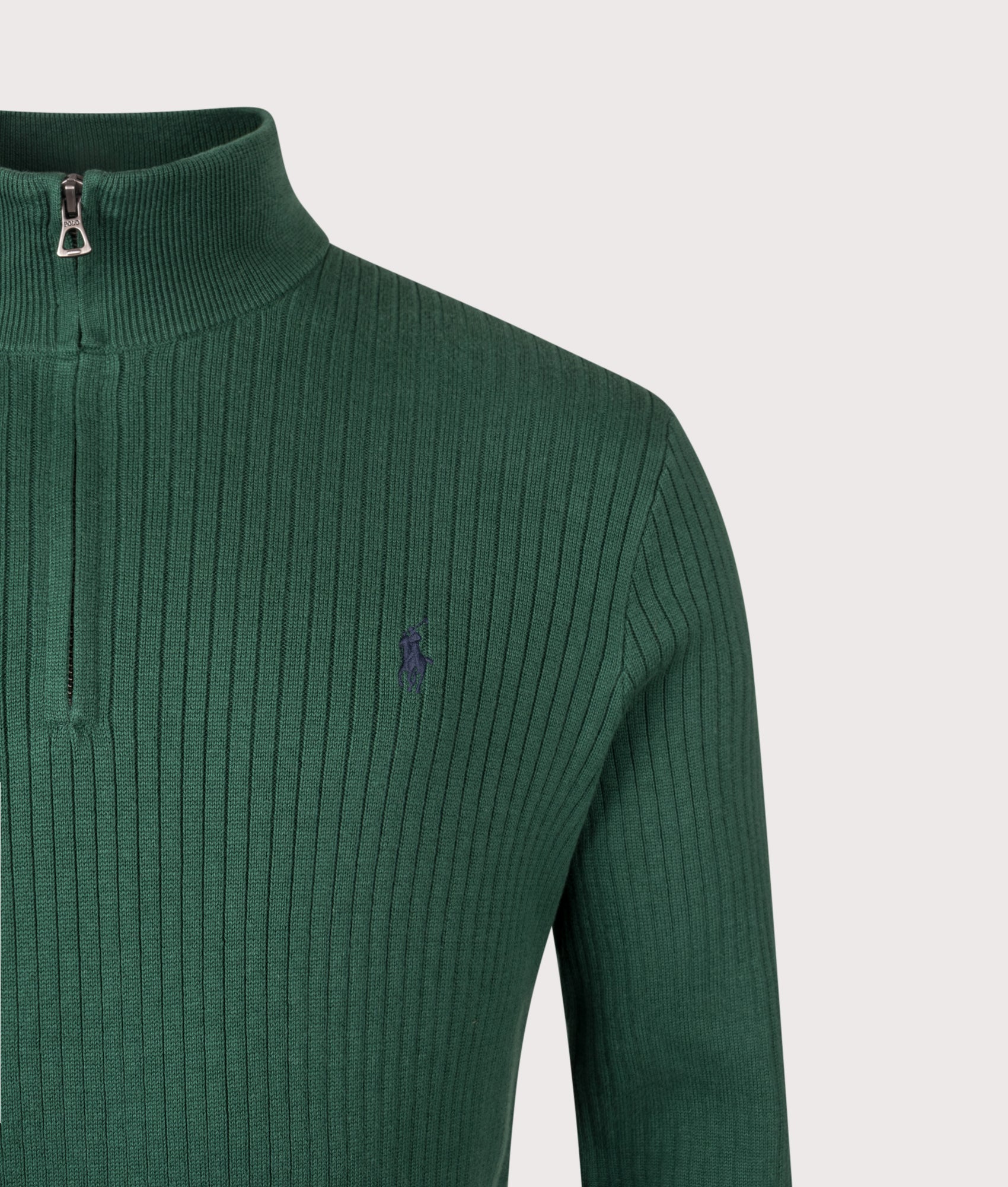 Polo Ralph Lauren Rib-Knit Cotton Quarter-Zip Sweatshirt in Vintage Pine at EQVVS Menswear. Detail shot.