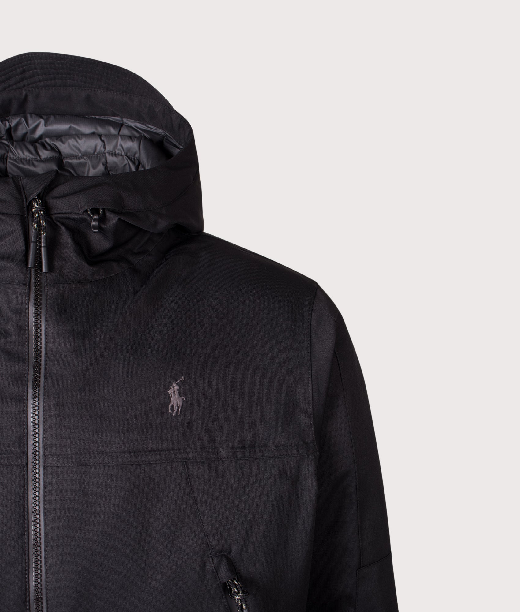 Insulated Hooded Windbreaker by Polo Ralph Lauren in Polo Black. Shot by EQVVS. Detail shot.
