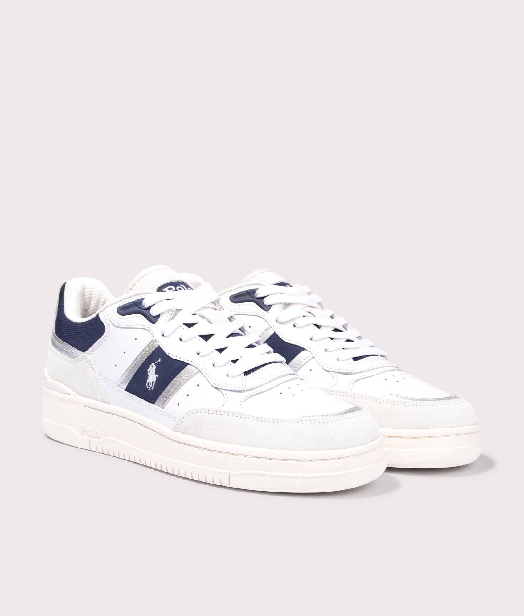 Mastr SP 125 Low Top Sneakers in White/Navy/Silver.  |  Polo Ralph Lauren  | Shot at EQVVS | Front angle shot 