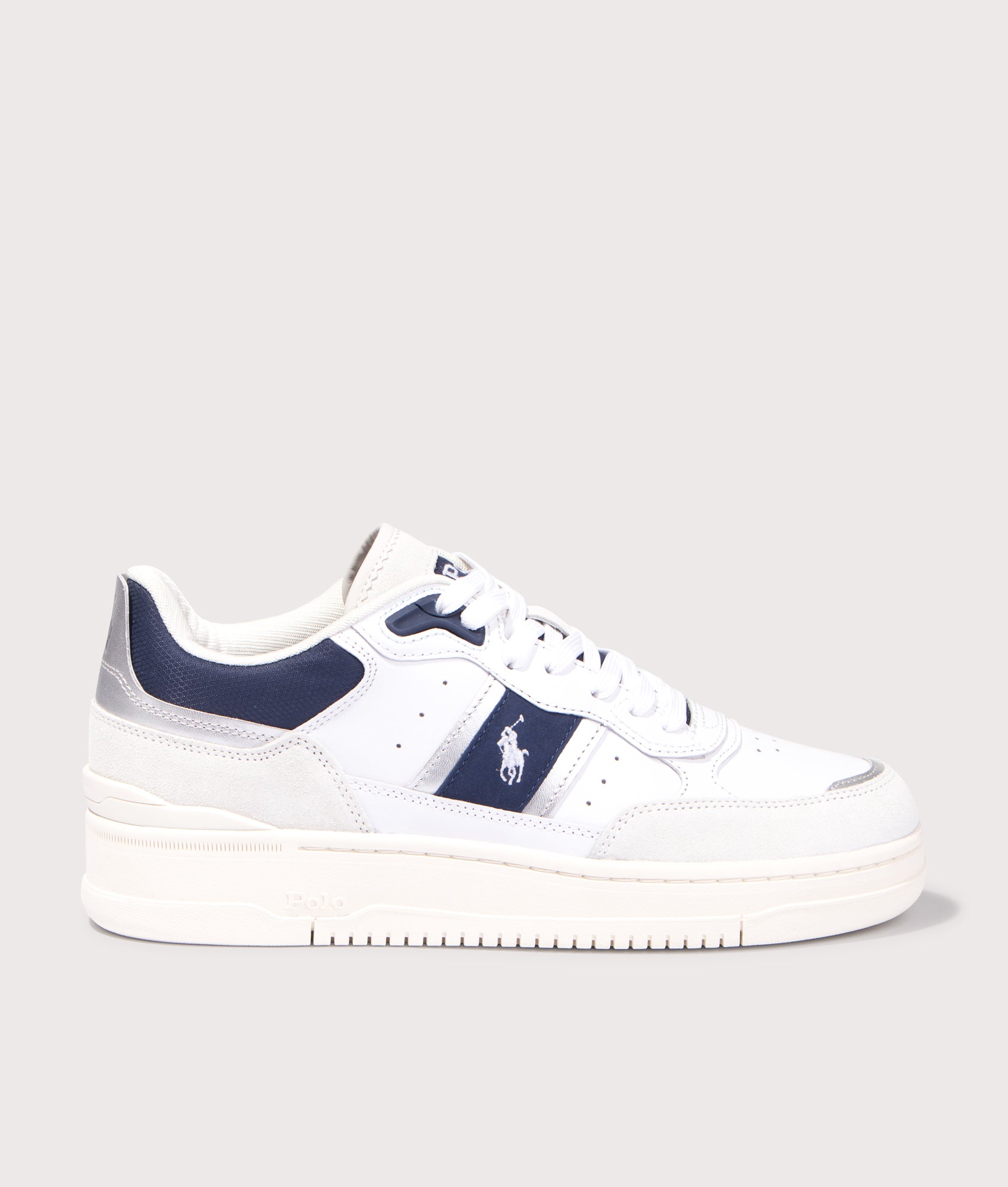 Mastr SP 125 Low Top Sneakers in White/Navy/Silver.  |  Polo Ralph Lauren  | Shot at EQVVS | Side shot 