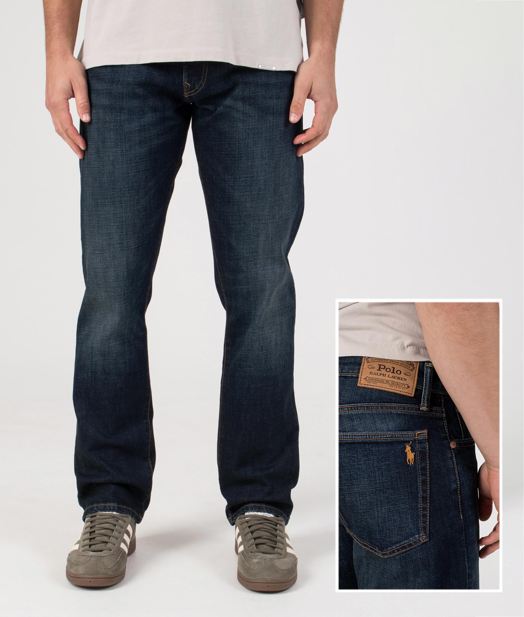 Polo Ralph Lauren Hampton Relaxed Straight Stretch Jeans in Murphy Stretch at EQVVS Menswear. Front and detail shot.