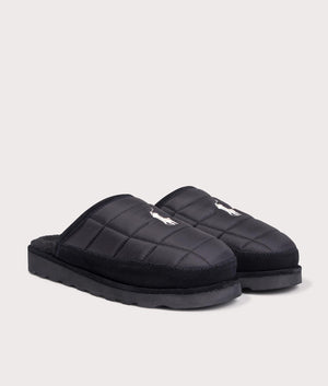 Polo Ralph Lauren Reade Suede-Trim Quilted Scuff II Slippers in 001 Black/Cream PP at EQVVS Menswear. front angled Shot.