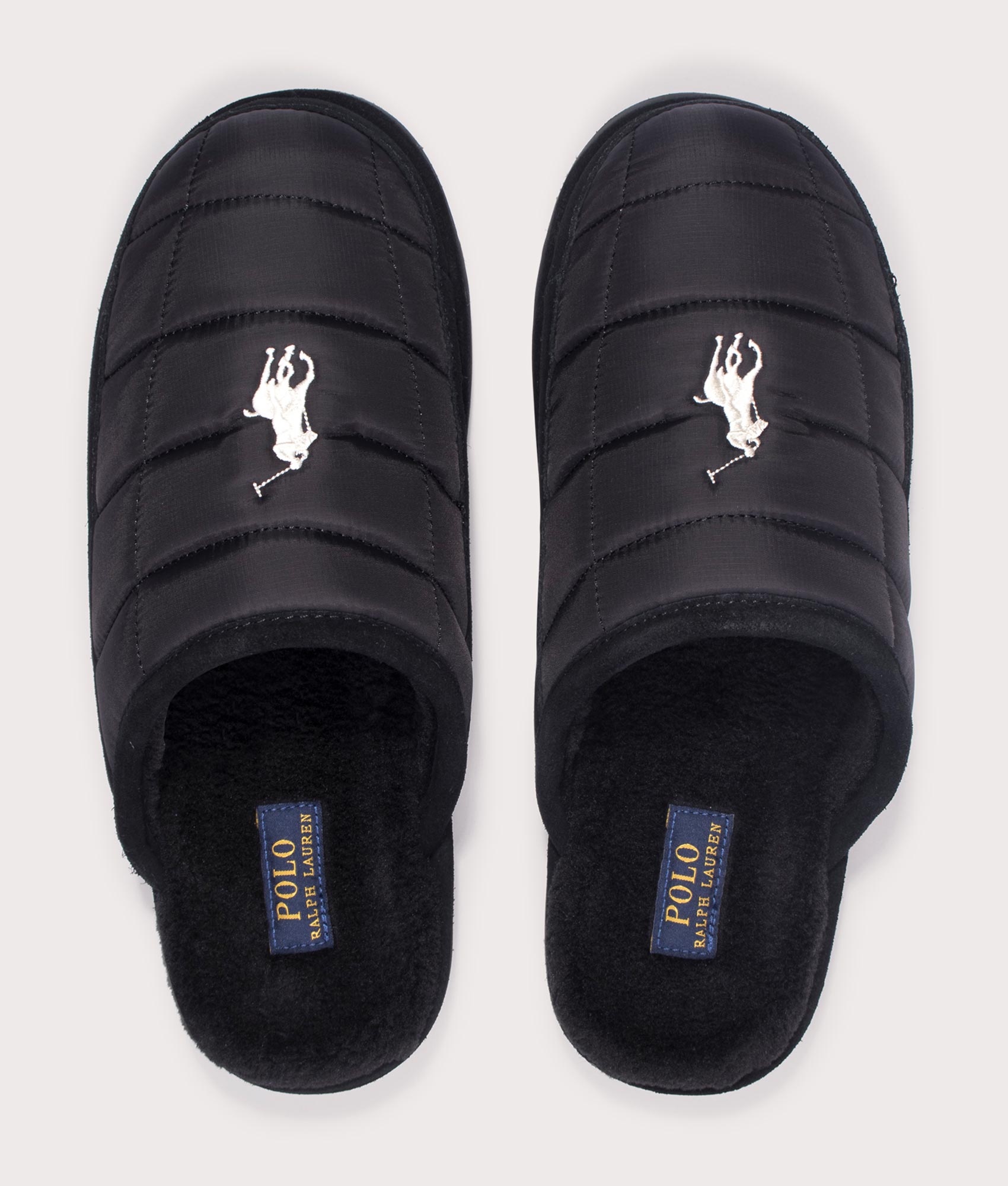 Polo Ralph Lauren Reade Suede-Trim Quilted Scuff II Slippers in 001 Black/Cream PP at EQVVS Menswear. above Shot.
