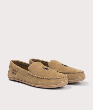 Polo Ralph Lauren Brenan Suede Slippers in 001 Snuff Suede/ Navy pp at EQVVS Menswear. Angled Shot.