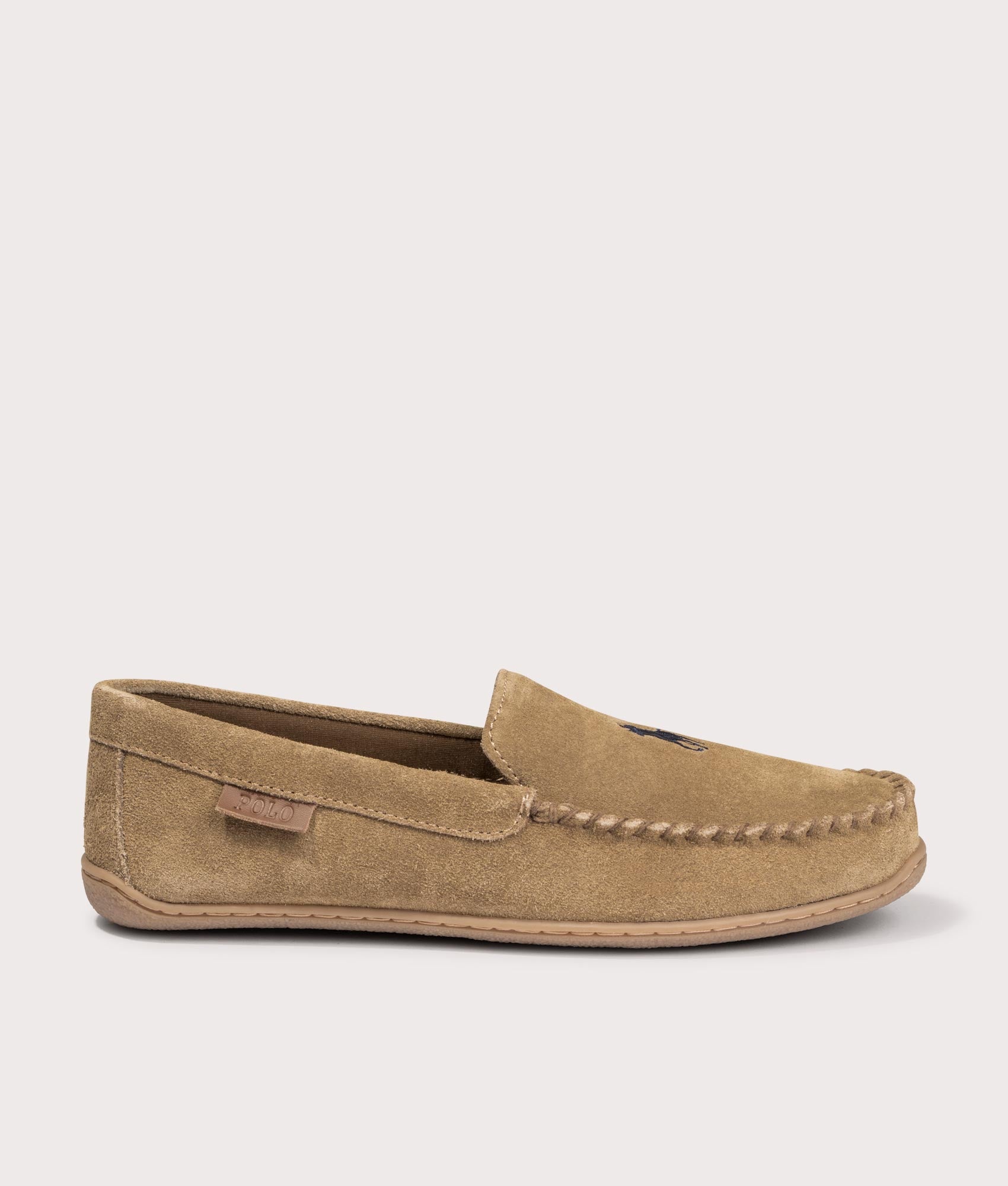 Polo Ralph Lauren Brenan Suede Slippers in 001 Snuff Suede/ Navy pp at EQVVS Menswear. Side Shot.