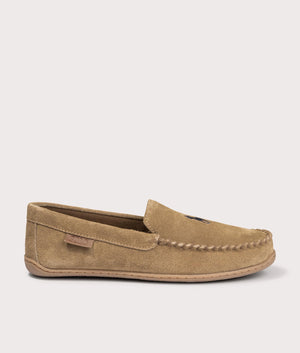 Polo Ralph Lauren Brenan Suede Slippers in 001 Snuff Suede/ Navy pp at EQVVS Menswear. Side Shot.