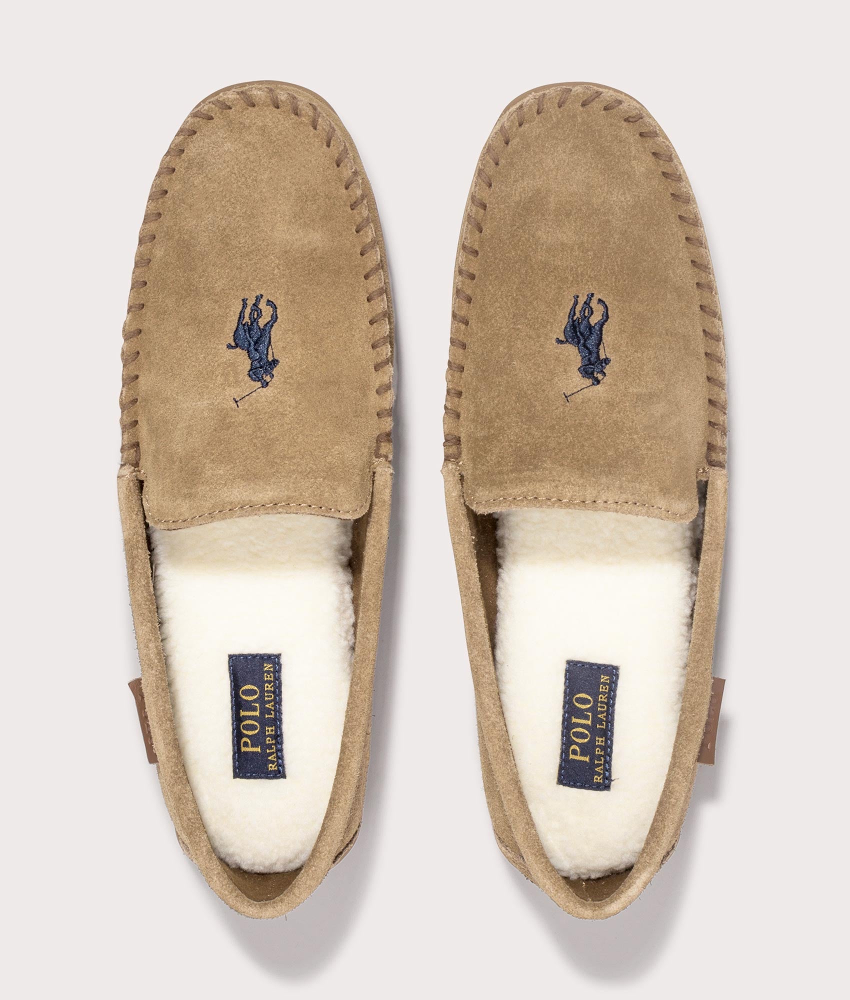 Polo Ralph Lauren Brenan Suede Slippers in 001 Snuff Suede/ Navy pp at EQVVS Menswear. Above Shot.