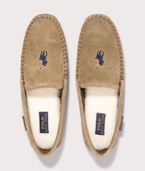 Polo Ralph Lauren Brenan Suede Slippers in 001 Snuff Suede/ Navy pp at EQVVS Menswear. Above Shot.