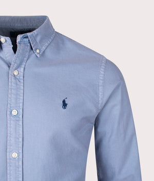 Custom Slim Fit Soft Cotton Polo Shirt in Washed Forest. 100% Cotton | Polo Ralph Lauren | Shot at EQVVS | Front detail shot 