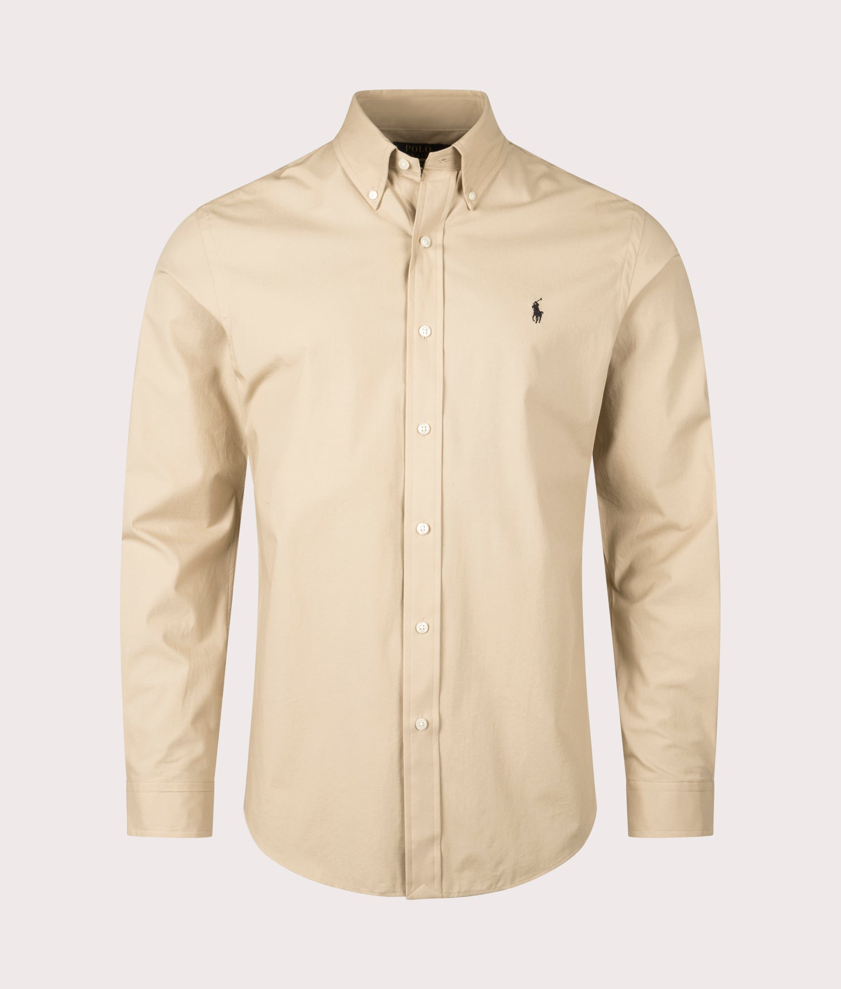 Custom Fit Stretch Poplin Shirt in Coastal Beige. 100% Cotton | Polo Ralph Lauren | Shot at EQVVS | Front Shot 