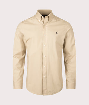Custom Fit Stretch Poplin Shirt in Coastal Beige. 100% Cotton | Polo Ralph Lauren | Shot at EQVVS | Front Shot 