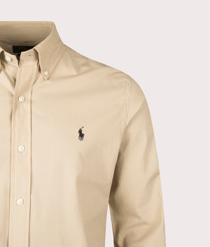 Custom Fit Stretch Poplin Shirt in Coastal Beige. 100% Cotton | Polo Ralph Lauren | Shot at EQVVS | Front detail shot 