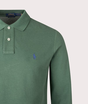 Custom Slim Fit Long Sleeve Polo Shirt in Wahed Forest . 100% Cotton | Polo Ralph Lauren | Shot at EQVVS | Front detail shot 