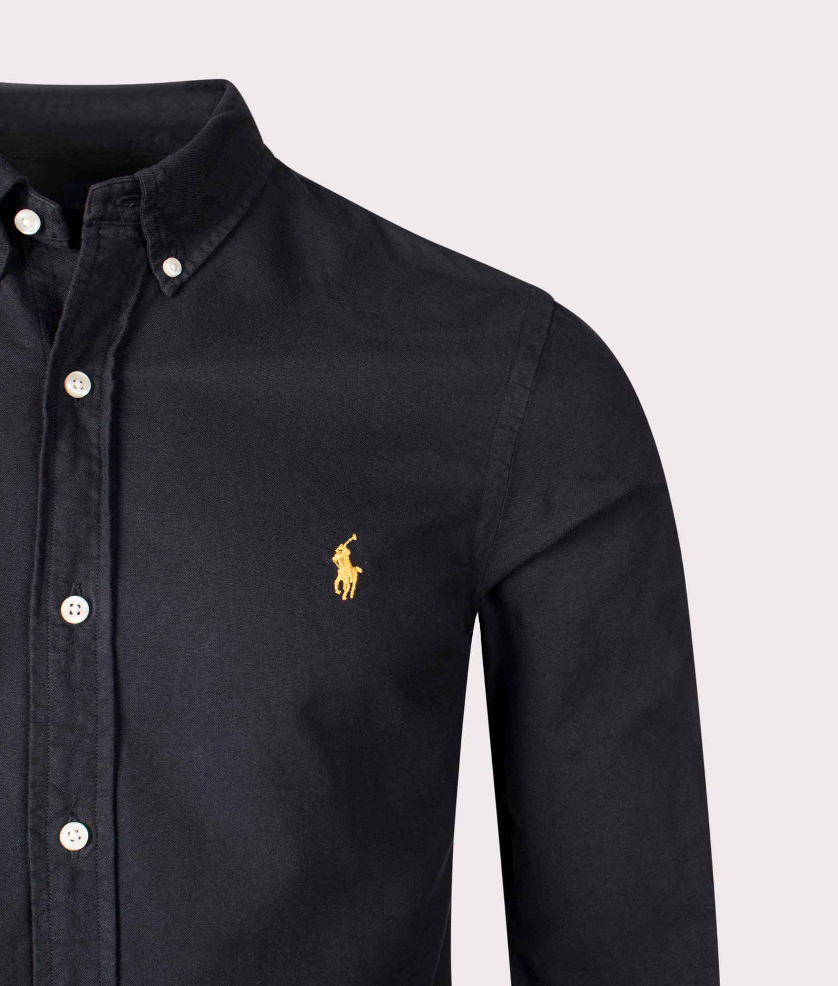 Slim Fit Oxfiord Sport Shirt in Polo Balck/Gold Polo Player. 100% Cotton | Polo Ralph Lauren | Shot at EQVVS | Front detail shot 