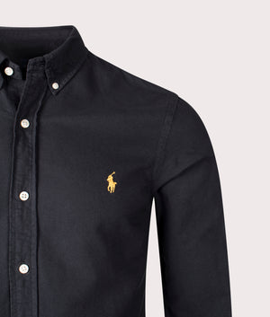 Slim Fit Oxfiord Sport Shirt in Polo Balck/Gold Polo Player. 100% Cotton | Polo Ralph Lauren | Shot at EQVVS | Front detail shot 