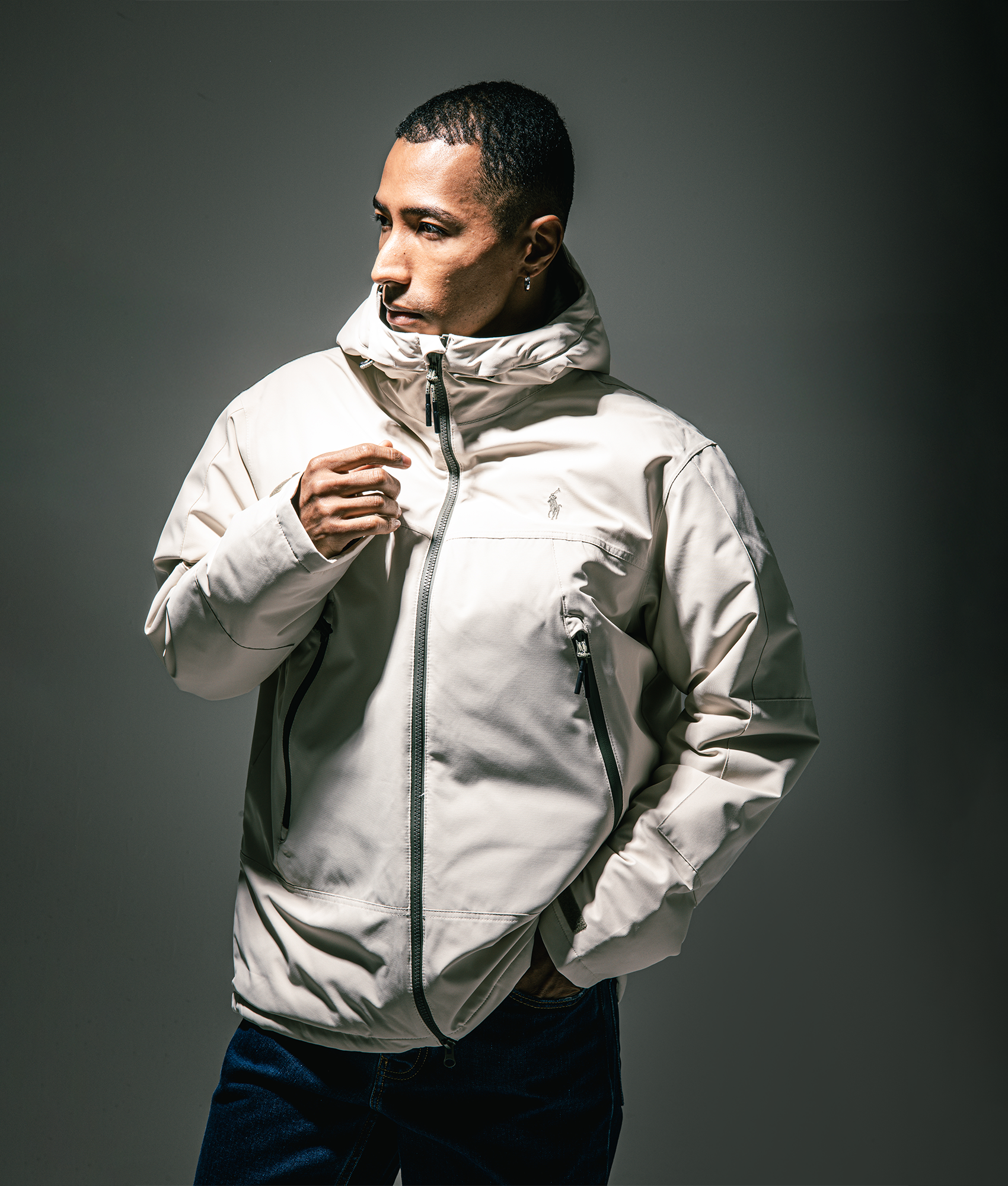 Polo Ralph Lauren Insulated Hooded Windbreaker in Basic Sand at EQVVS Menswear. Campaign shot.