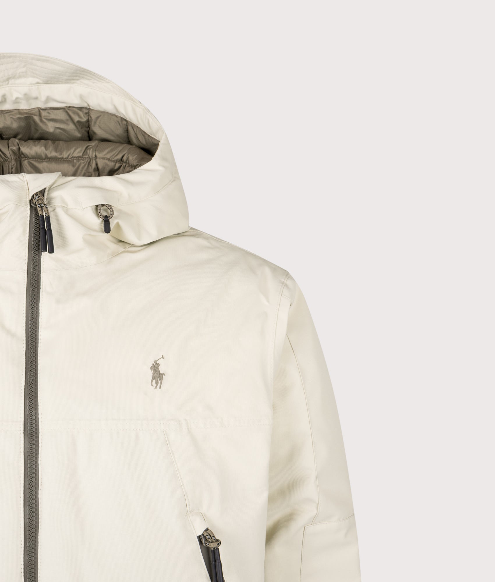 Polo Ralph Lauren Insulated Hooded Windbreaker in Basic Sand at EQVVS Menswear.  Detail shot.