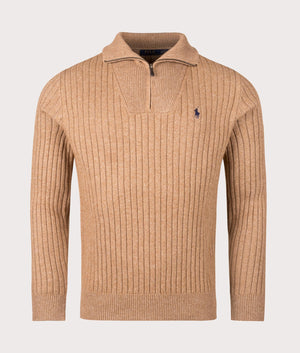 Rib Knit Wool Quarter Zip by Polo Ralph Lauren in Camel Melange. Shot by EQVVS. Front open collar shot 