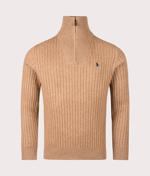 Rib Knit Wool Quarter Zip by Polo Ralph Lauren in Camel Melange. Shot by EQVVS. Front shot.