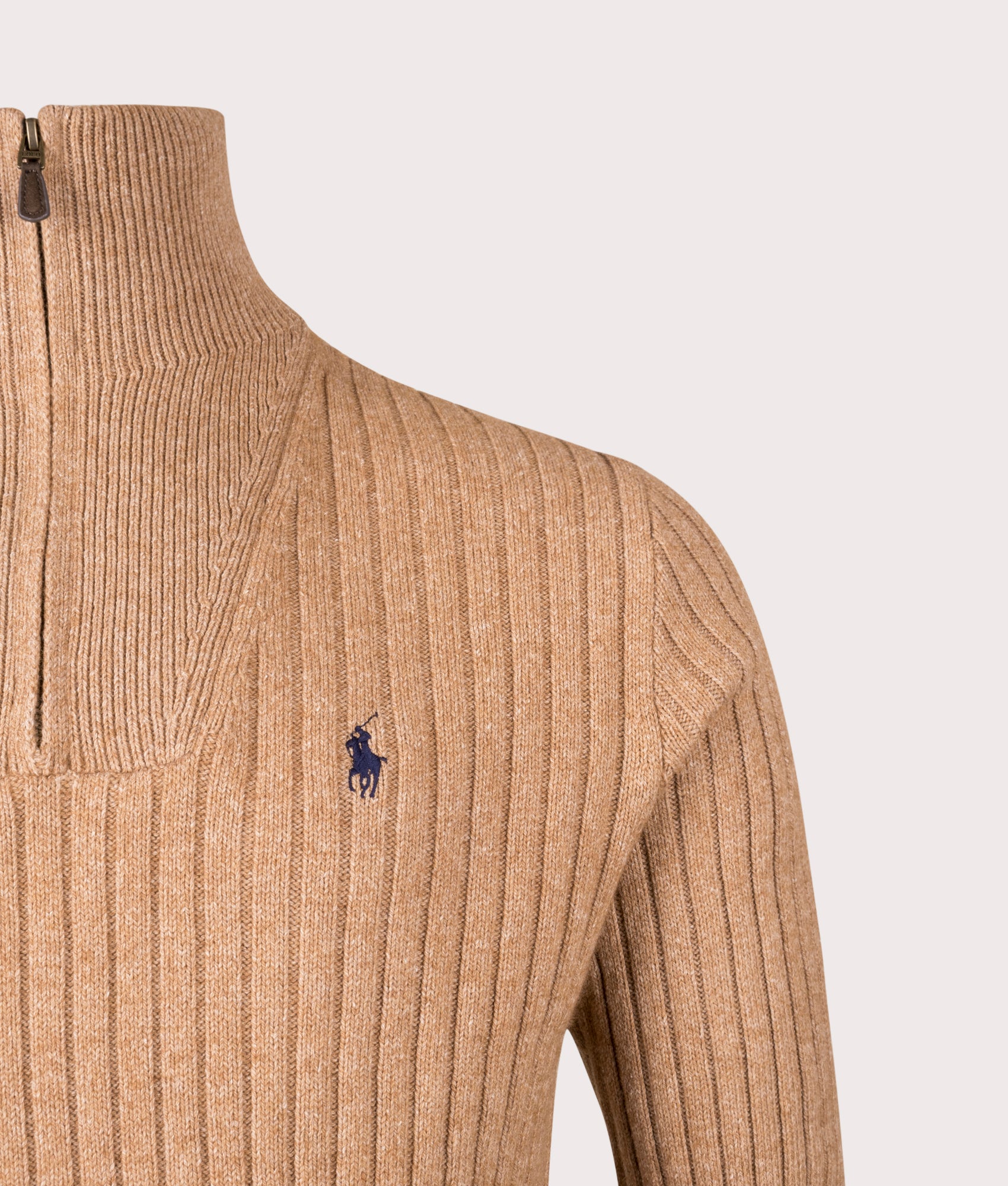 Rib Knit Wool Quarter Zip by Polo Ralph Lauren in Camel Melange. Shot by EQVVS. Detail shot.