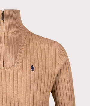 Rib Knit Wool Quarter Zip by Polo Ralph Lauren in Camel Melange. Shot by EQVVS. Detail shot.