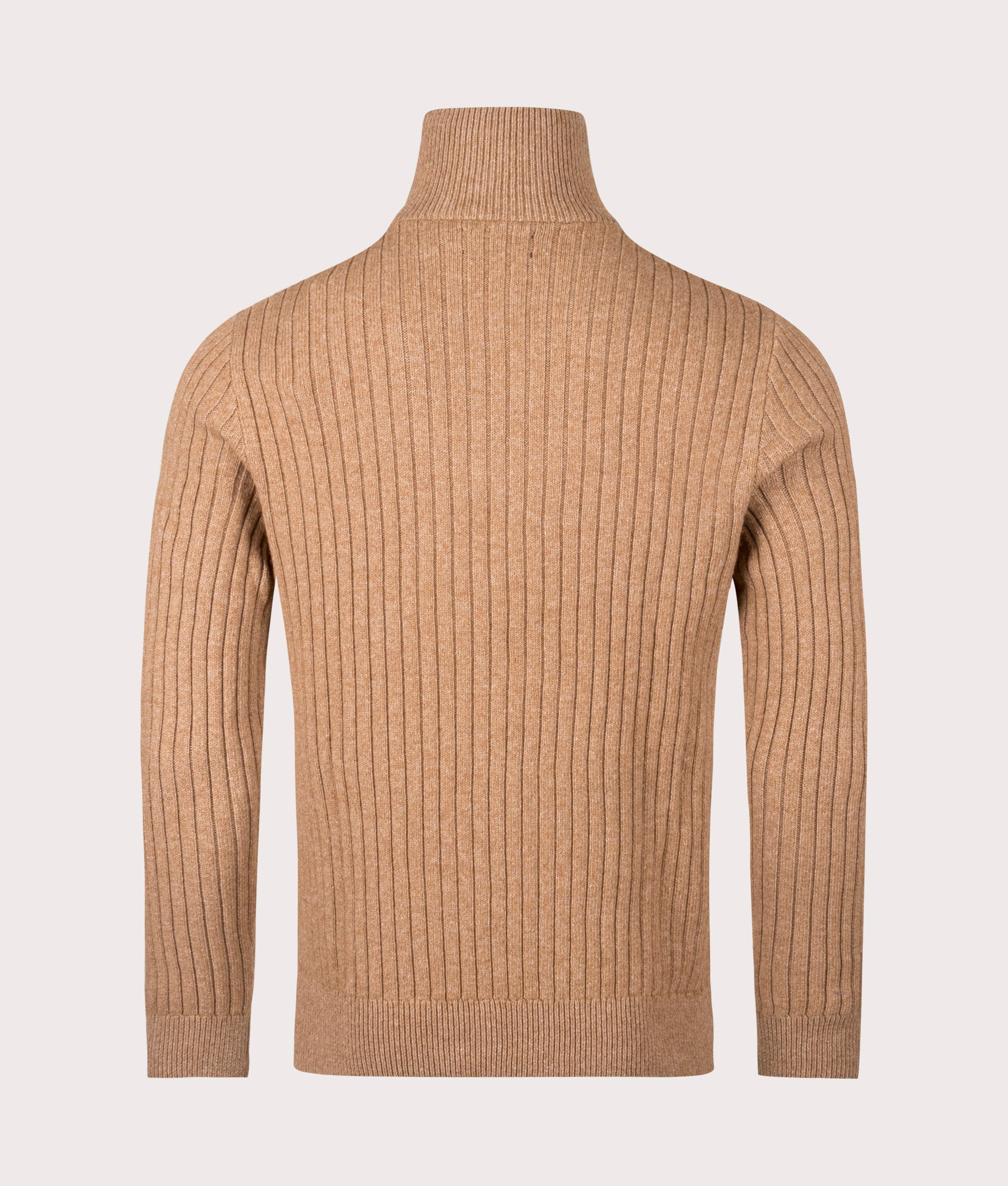 Rib Knit Wool Quarter Zip by Polo Ralph Lauren in Camel Melange. Shot by EQVVS. Back shot.