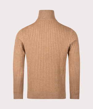 Rib Knit Wool Quarter Zip by Polo Ralph Lauren in Camel Melange. Shot by EQVVS. Back shot.
