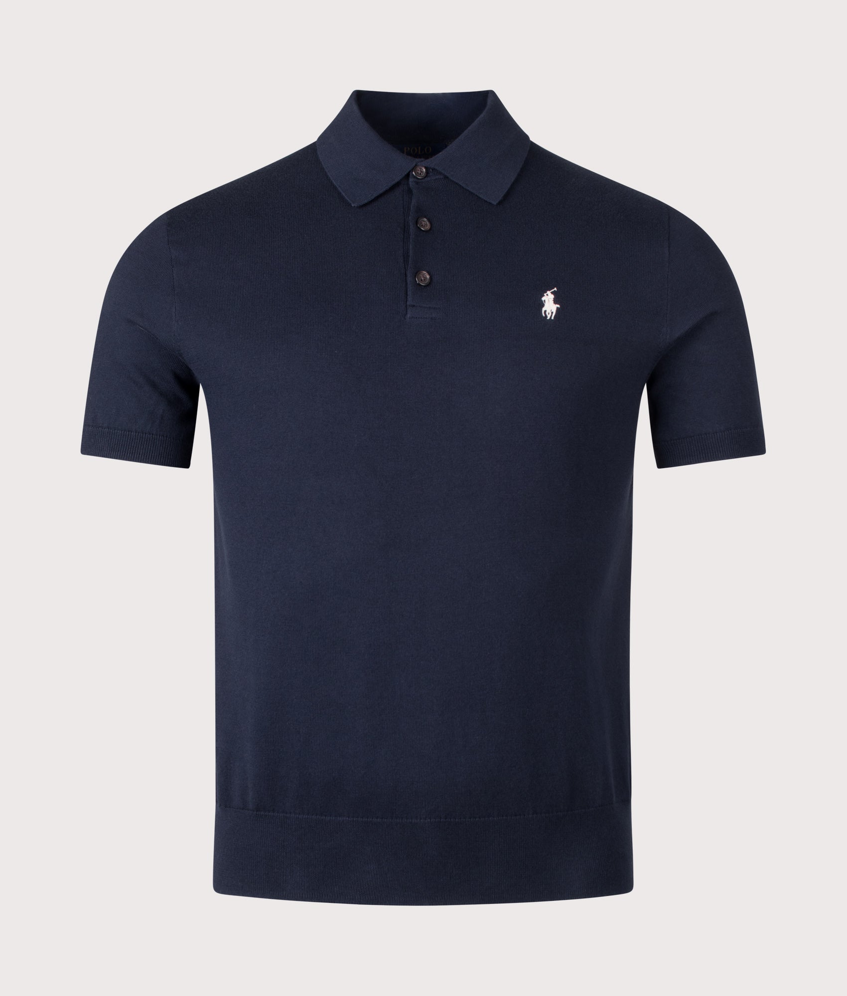 Polo Ralph Lauren Cotton Knitted Polo Shirt in Hunter Navy at EQVVS Menswear. Front shot.