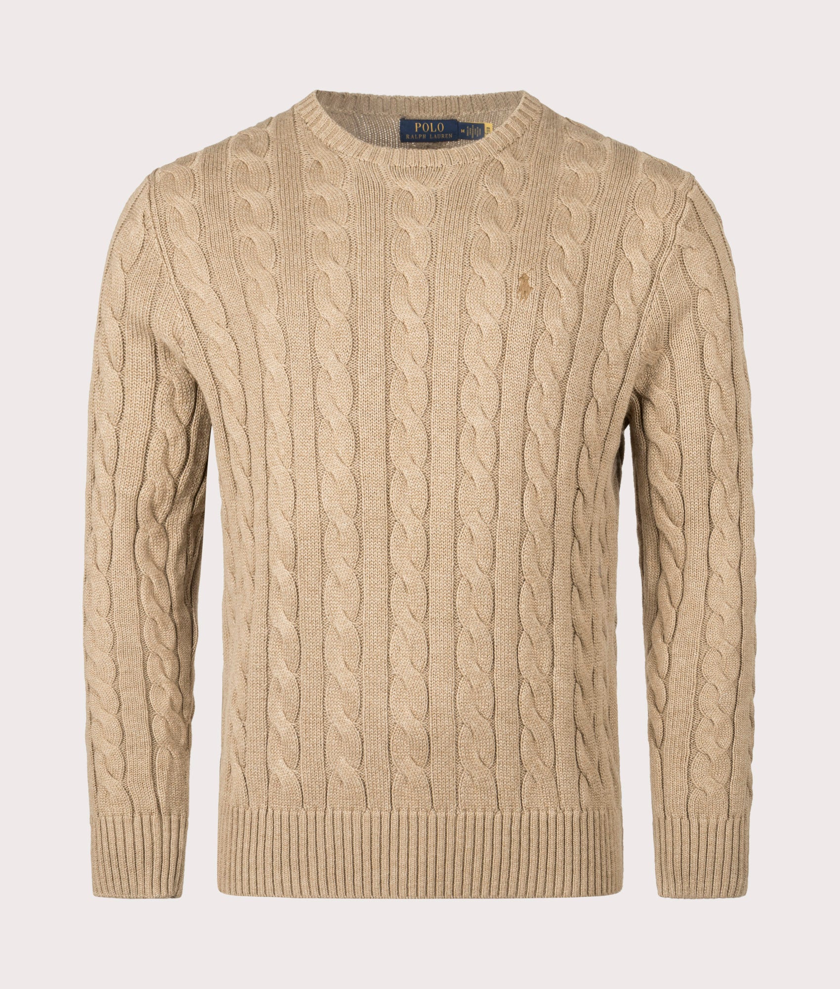 Cable Knit Cotton Jumper in Buff Camel Heather. 100% Cotton | Polo Ralph Lauren | Shot at EQVVS | Front shot