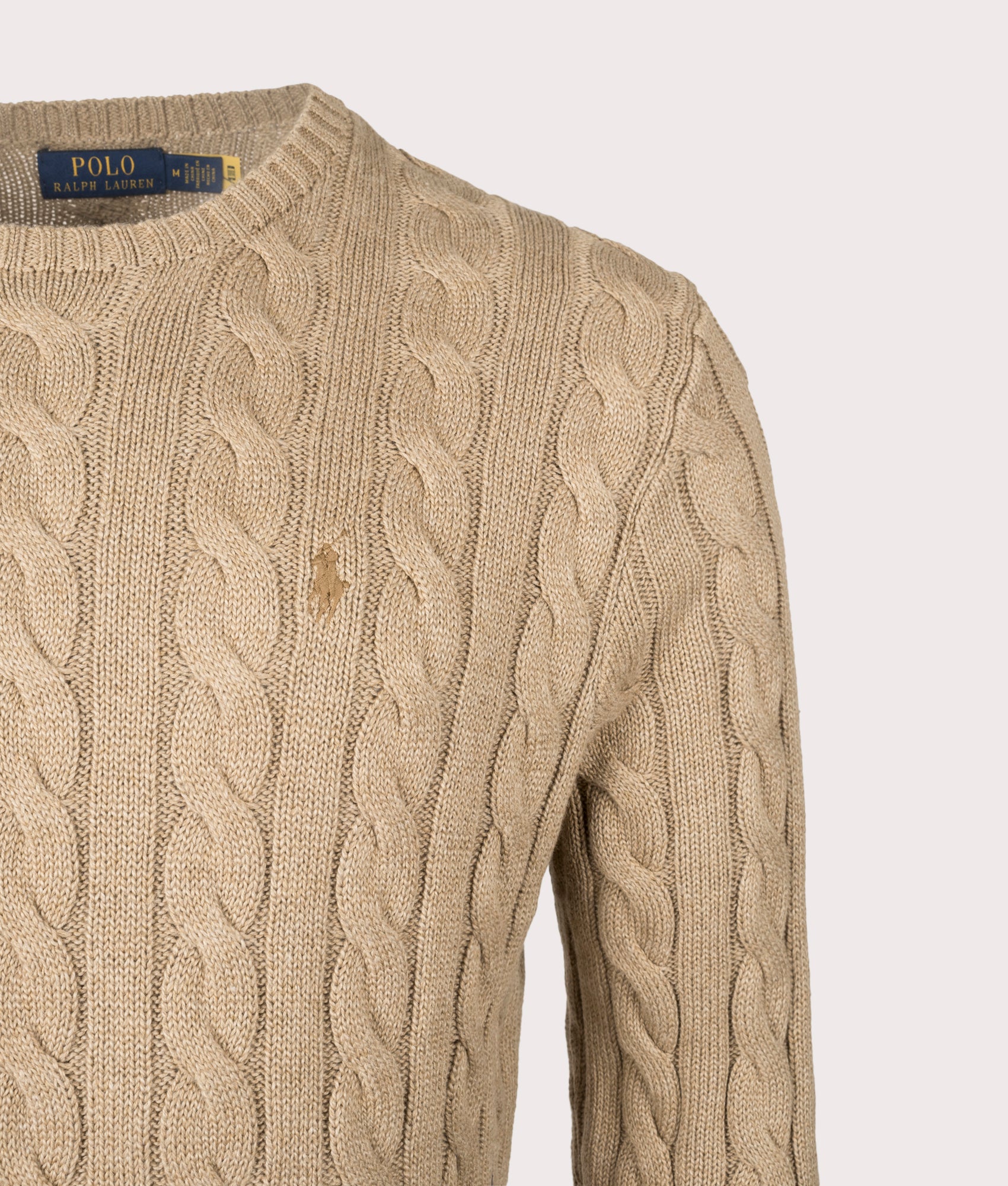 Cable Knit Cotton Jumper in Buff Camel Heather. 100% Cotton | Polo Ralph Lauren | Shot at EQVVS | Front detail shot 