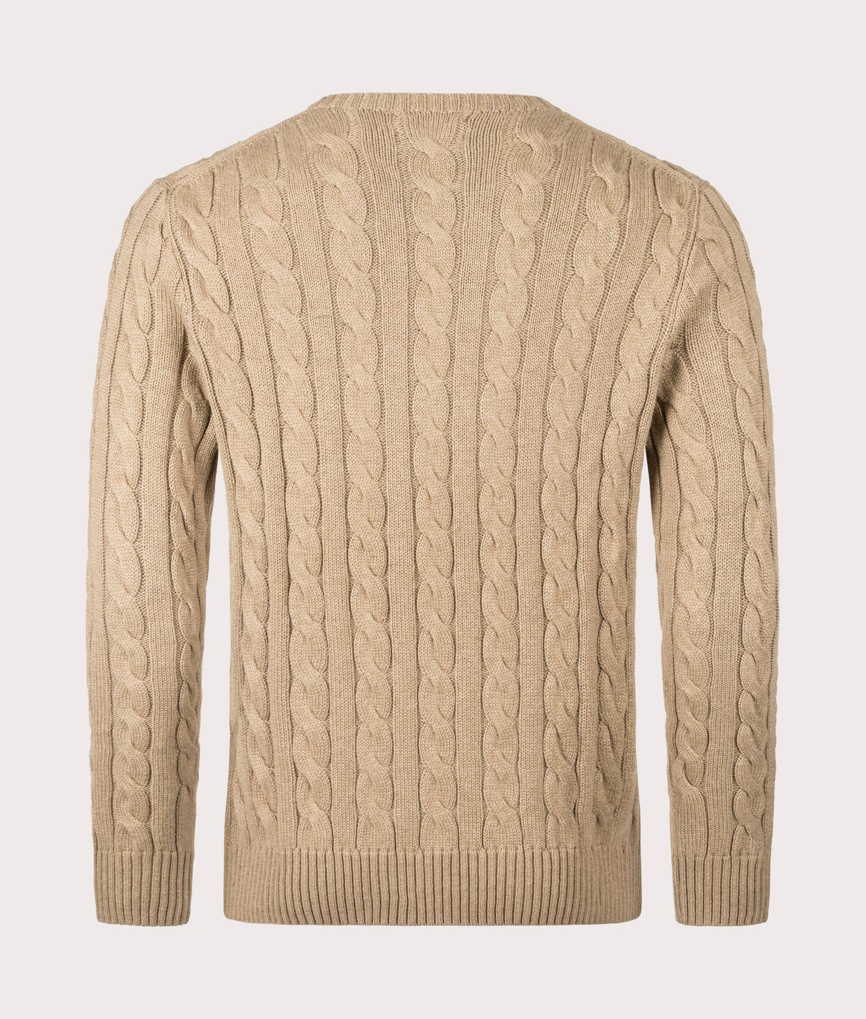 Cable Knit Cotton Jumper in Buff Camel Heather. 100% Cotton | Polo Ralph Lauren | Shot at EQVVS | Back shot 