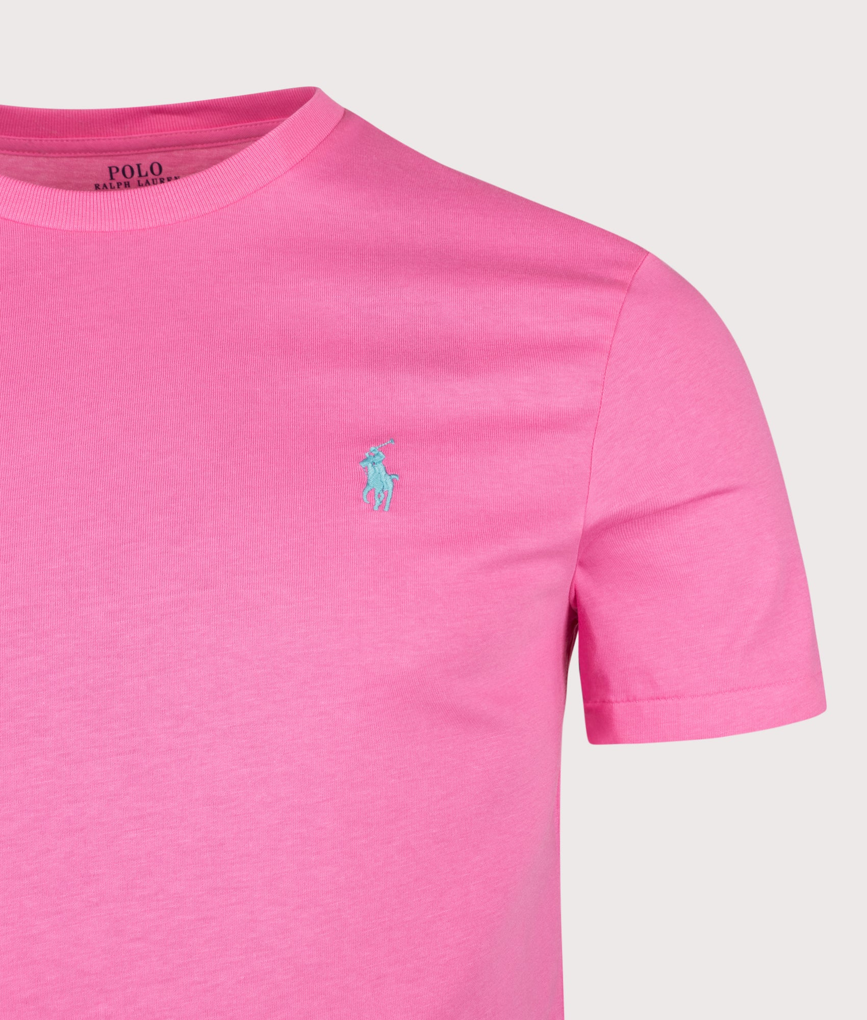 Polo Ralph Lauren Custom Slim Fit Jersey Crewneck T-Shirt in Baja Pink at EQVVS Menswear. Detail shot. 