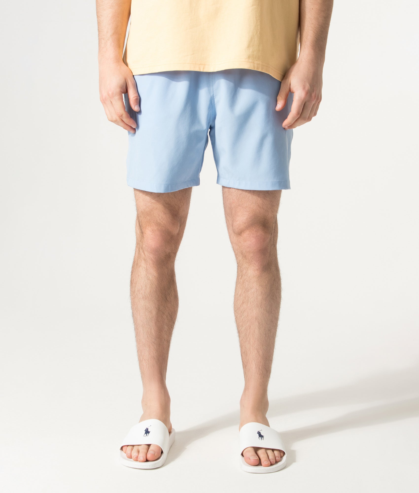 Polo Ralph Lauren Regular Fit Classic Swim Trunks in Austin Blue at EQVVS Menswear. Model front shot.