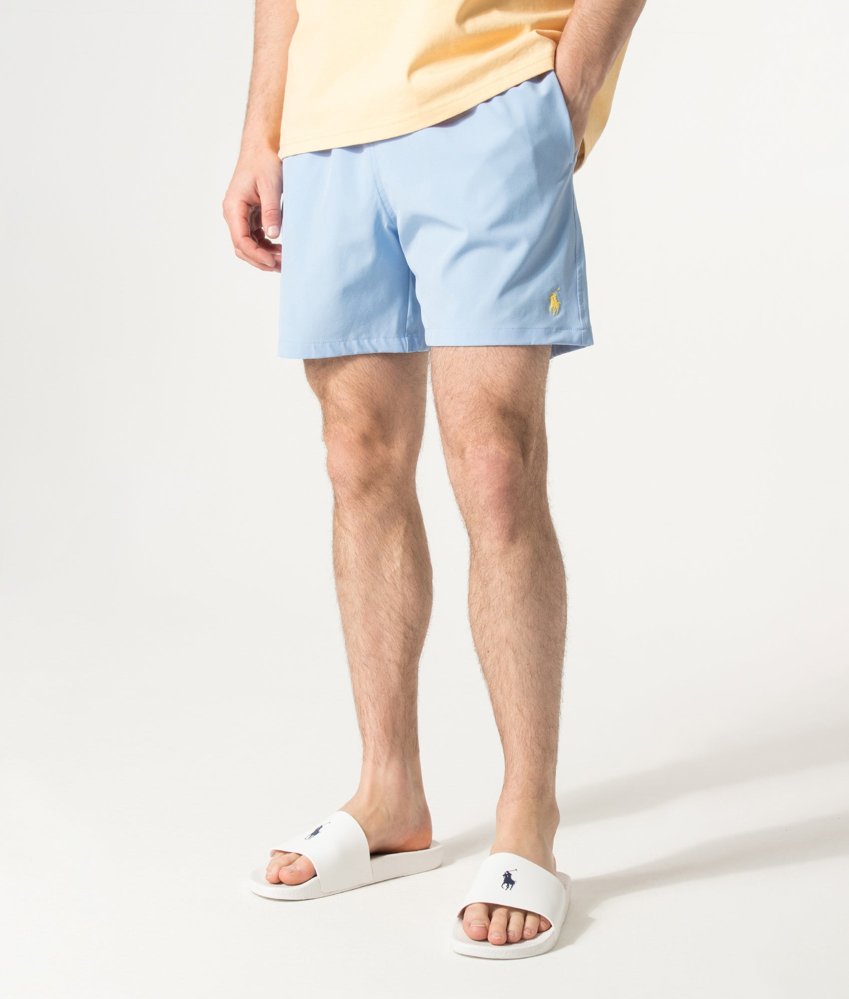 Polo Ralph Lauren Regular Fit Classic Swim Trunks in Austin Blue at EQVVS Menswear. Angled model front shot.