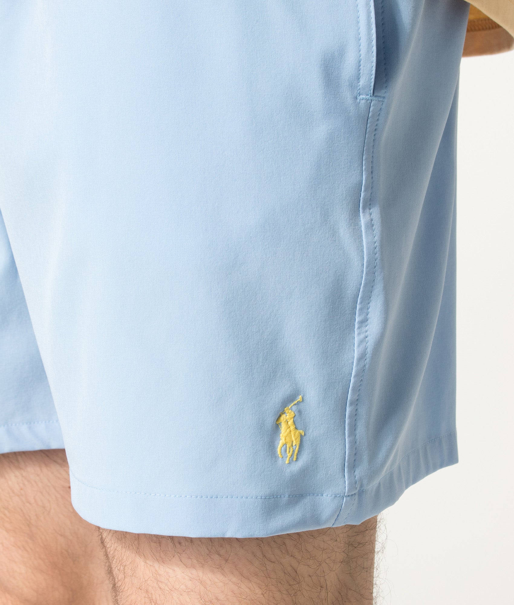 Polo Ralph Lauren Regular Fit Classic Swim Trunks in Austin Blue at EQVVS Menswear. Detail shot.