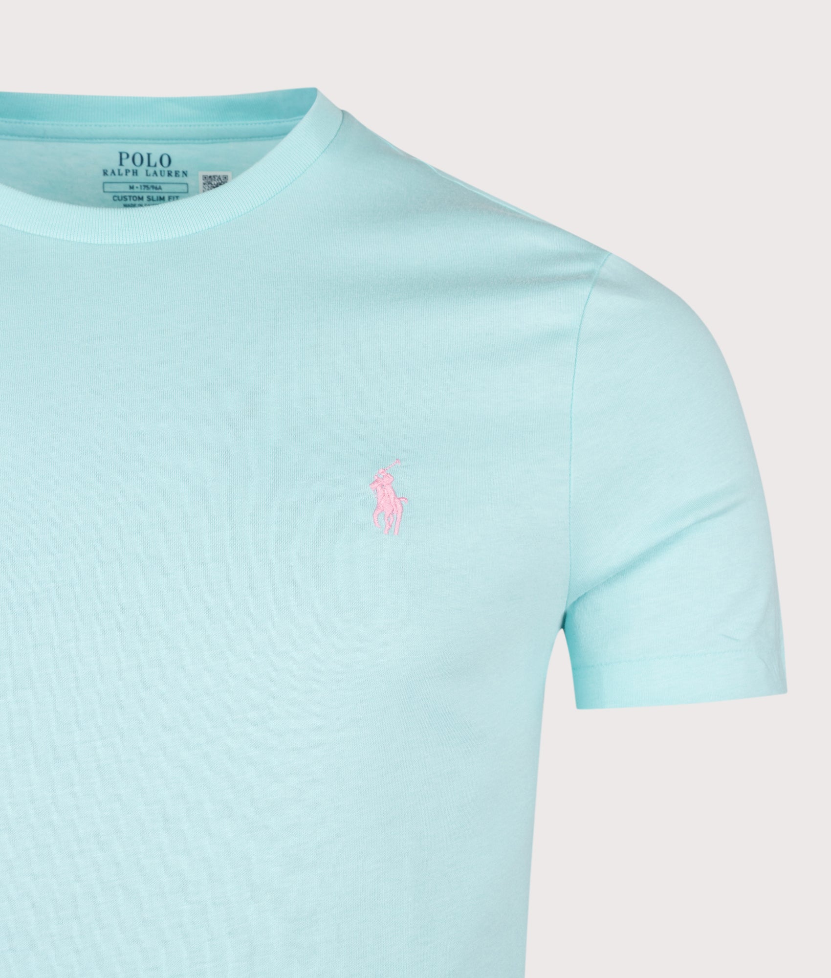 Polo Ralph Lauren Custom Slim Fit Jersey Crewneck T-Shirt in New Aqua at EQVVS Menswear. Detail shot.