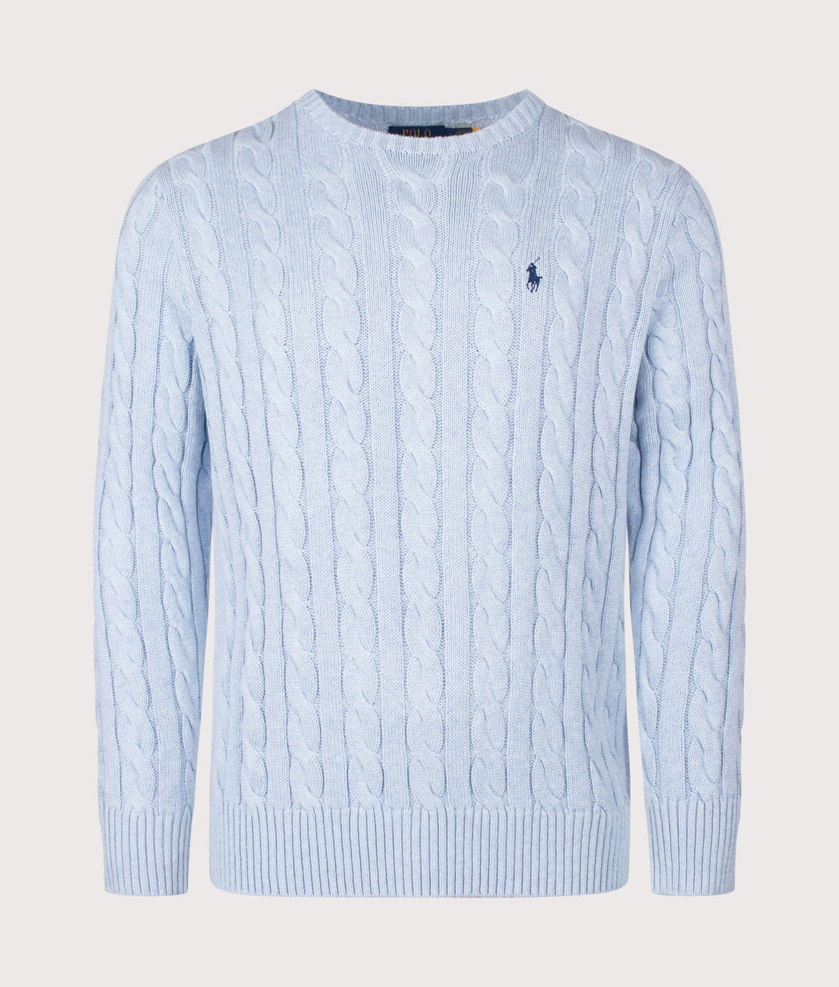Polo Ralph Lauren Regular Fit Cable Knit Cotton Jumper in Blue Hyacinth Heather at EQVVS Menswear. Front shot.
