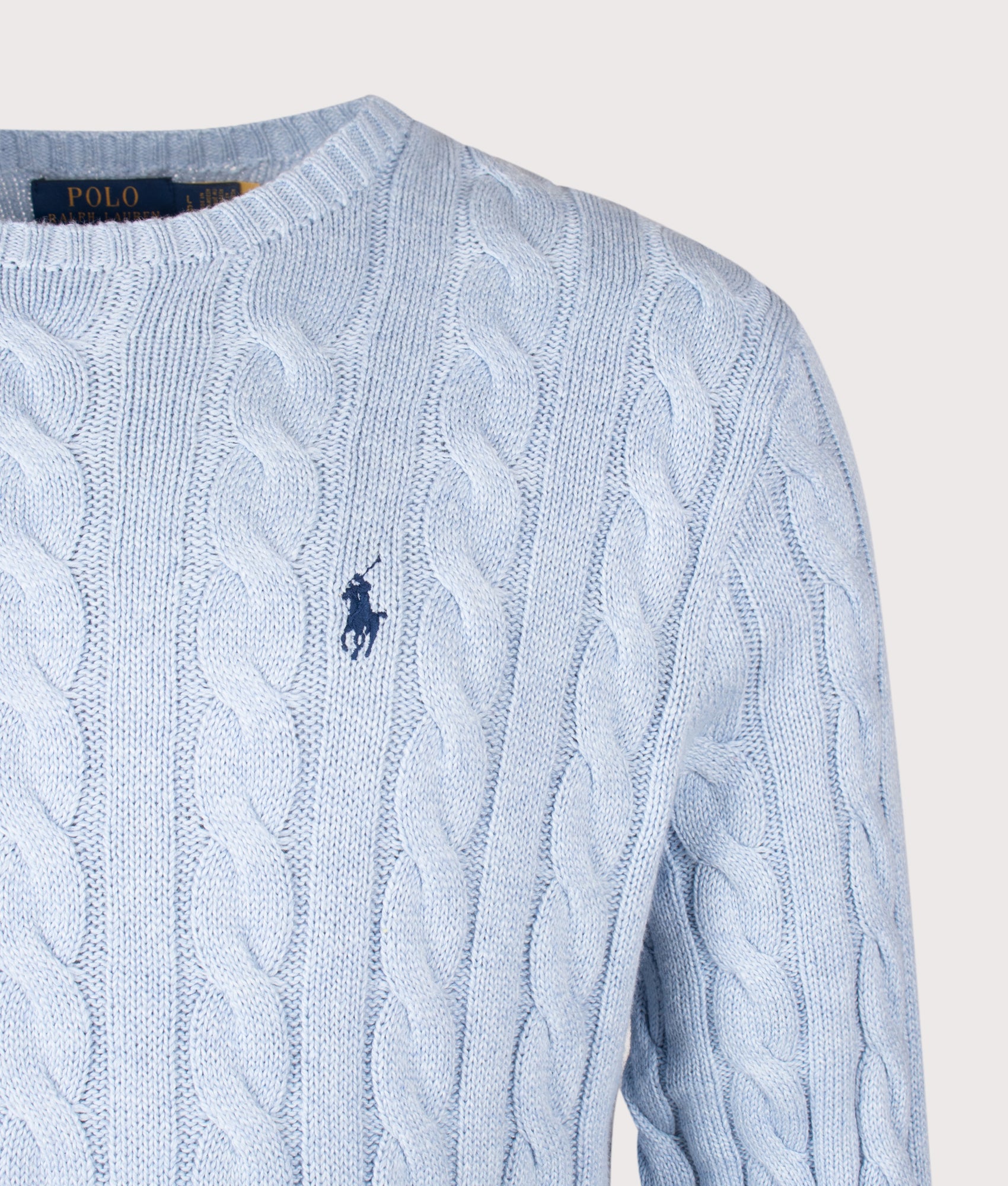 Polo Ralph Lauren Regular Fit Cable Knit Cotton Jumper in Blue Hyacinth Heather at EQVVS Menswear. Detail shot.
