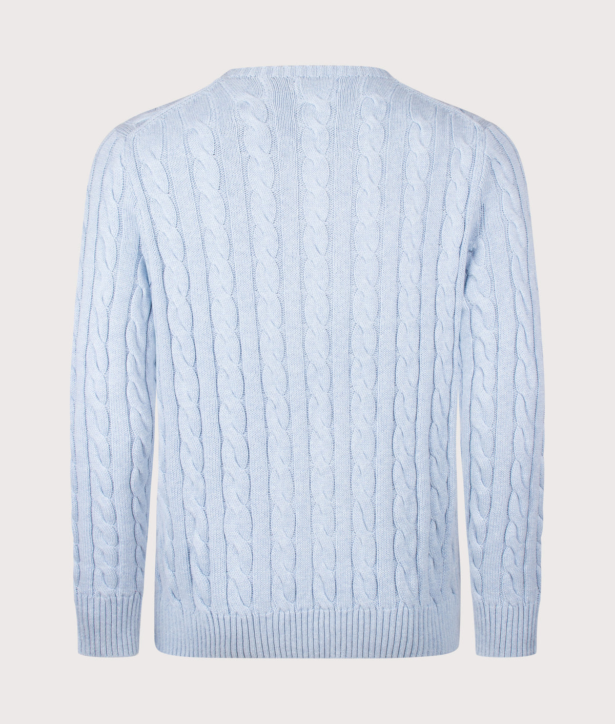 Polo Ralph Lauren Regular Fit Cable Knit Cotton Jumper in Blue Hyacinth Heather at EQVVS Menswear. Back shot.