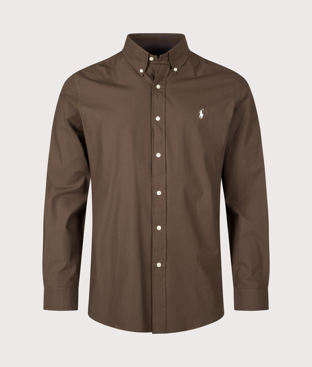 Polo Ralph Lauren Custom Fit Stretch Poplin Shirt in Nutmeg Brown at EQVVS Menswear. Front shot.