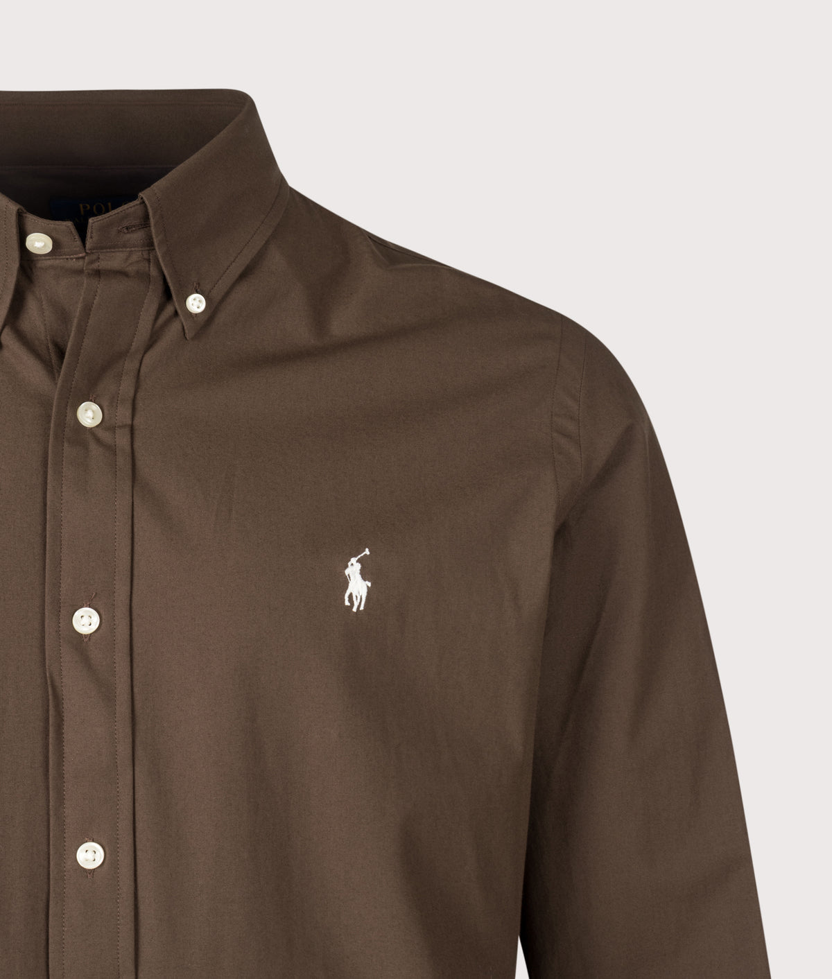 Polo Ralph Lauren Custom Fit Stretch Poplin Shirt in Nutmeg Brown at EQVVS Menswear. Detail shot.