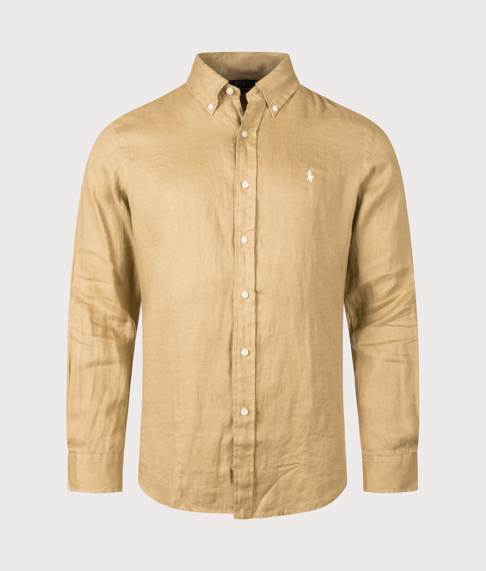 Polo Ralph Lauren Custom Fit Linen Shirt in Cafe Tan at EQVVS Menswear. Front shot.