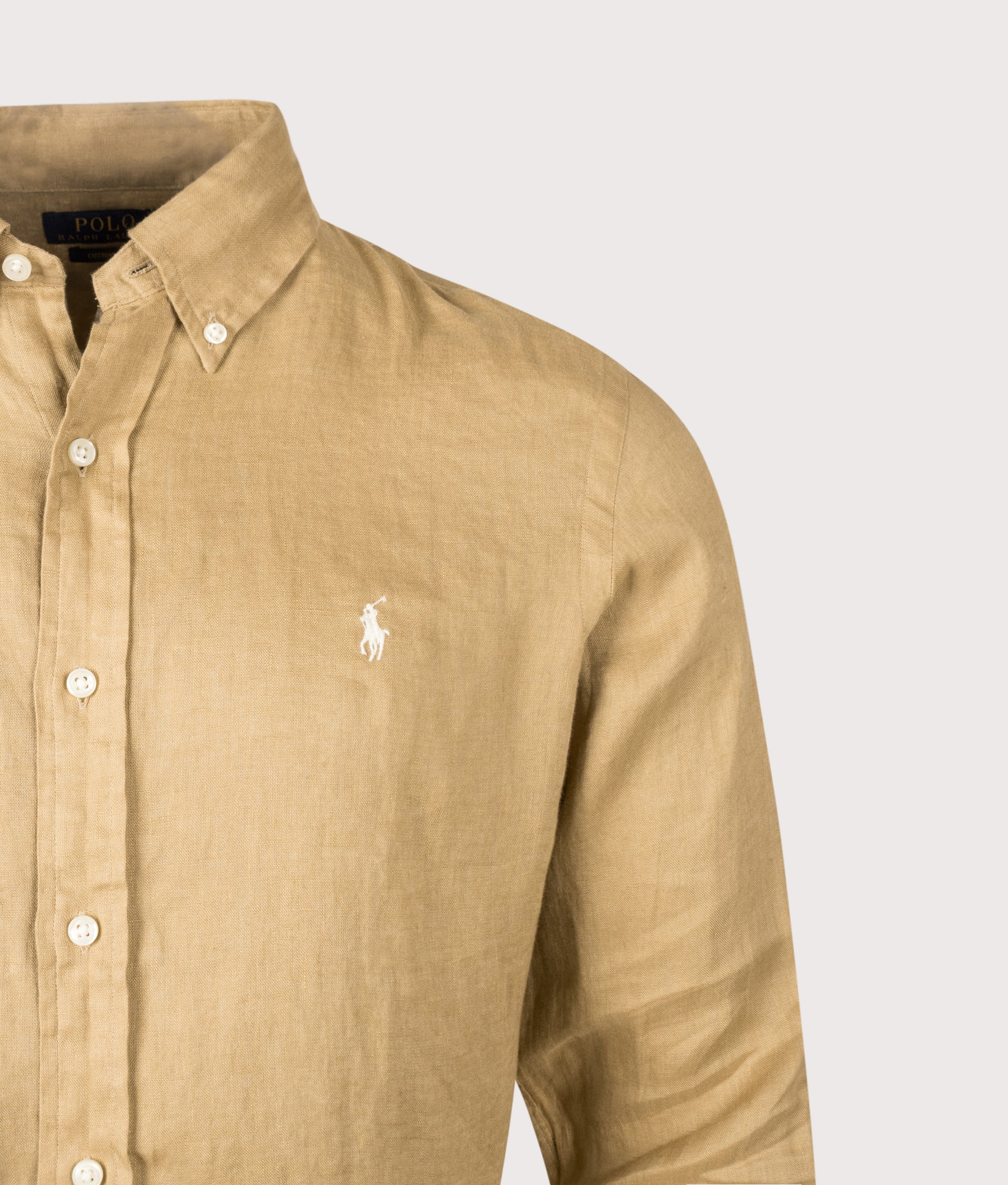 Polo Ralph Lauren Custom Fit Linen Shirt in Cafe Tan at EQVVS Menswear. Detail shot.