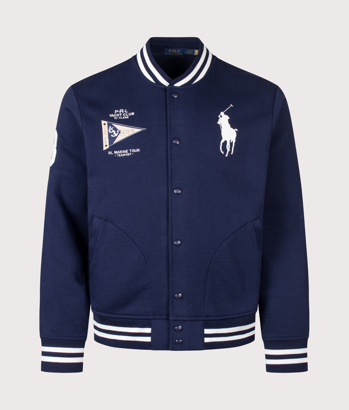 Polo Ralph Lauren Classic Fit Big Pony Fleece Baseball Jacket in Newport Navy at EQVVS Menswear. Front shot.