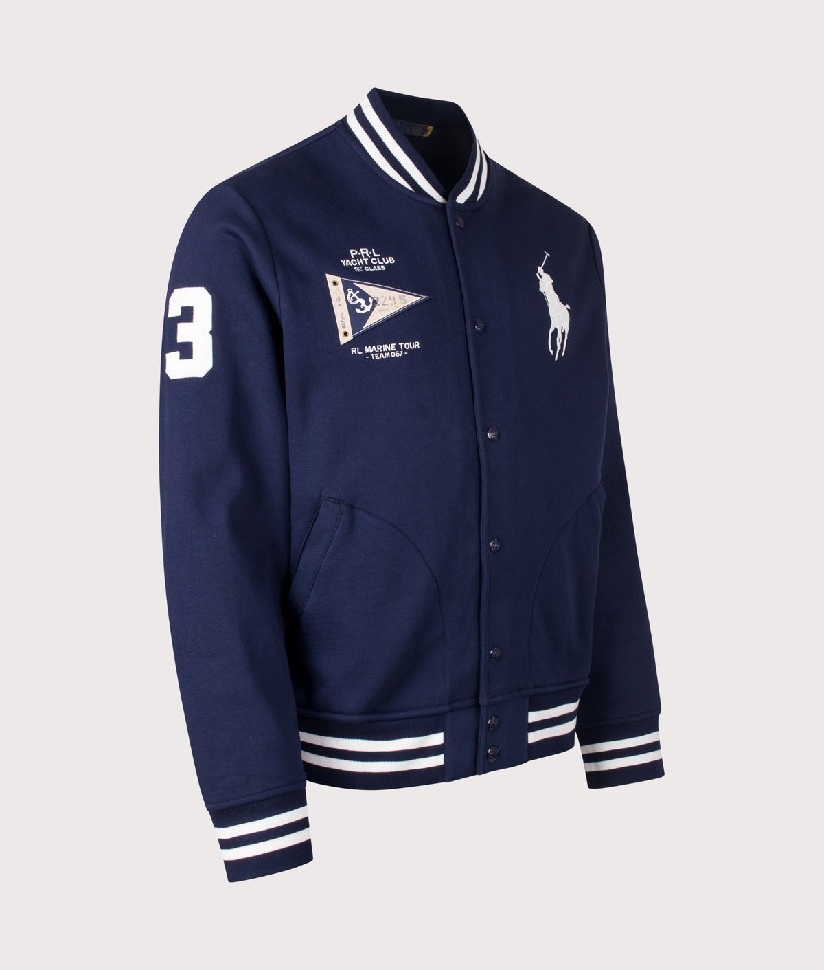Polo Ralph Lauren Classic Fit Big Pony Fleece Baseball Jacket in Newport Navy at EQVVS Menswear. Angled front shot.