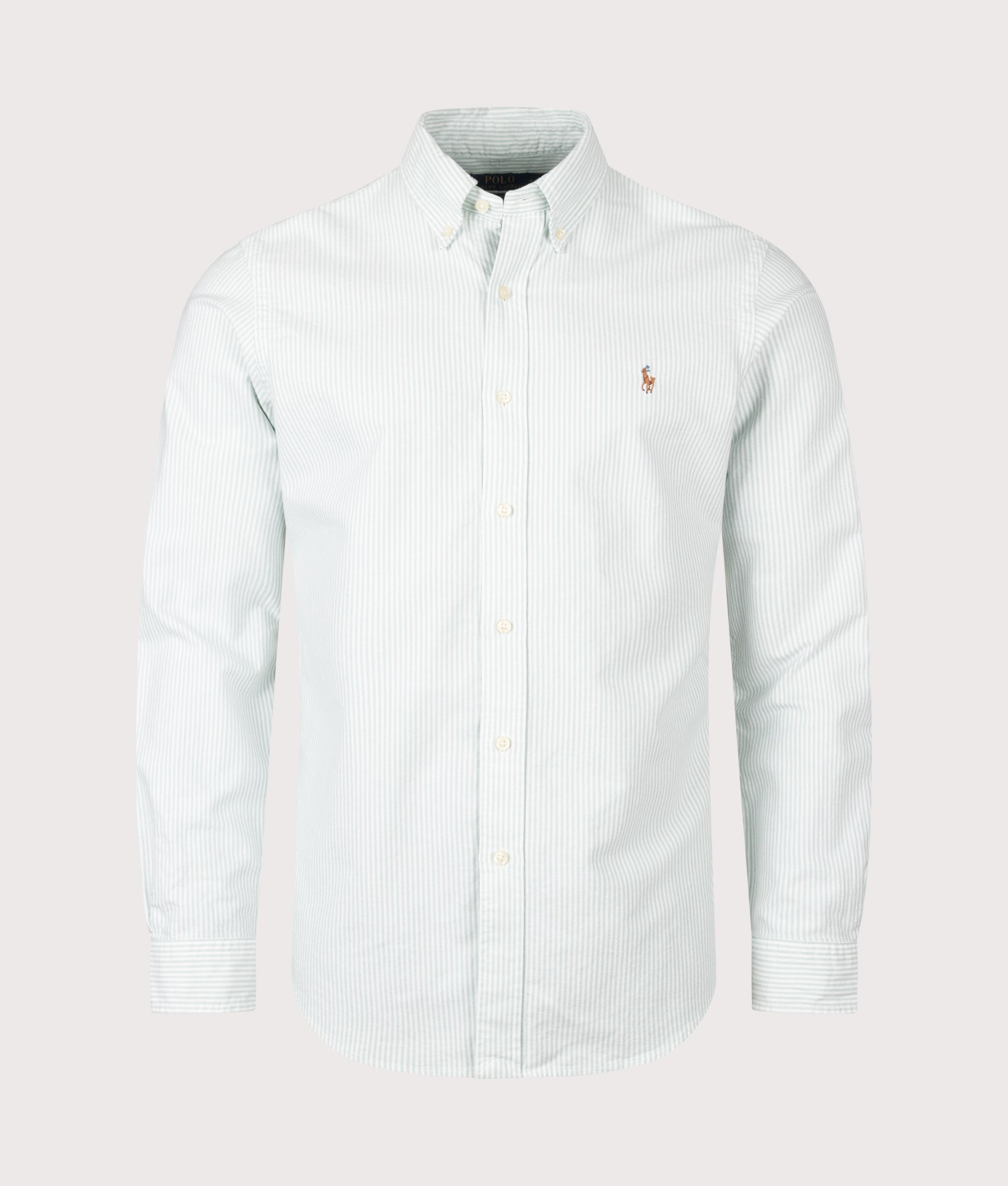 Polo Ralph Lauren Custom Fit Striped Oxford Shirt in Faded Mint and White stripe at EQVVS Menswear. Front shot.