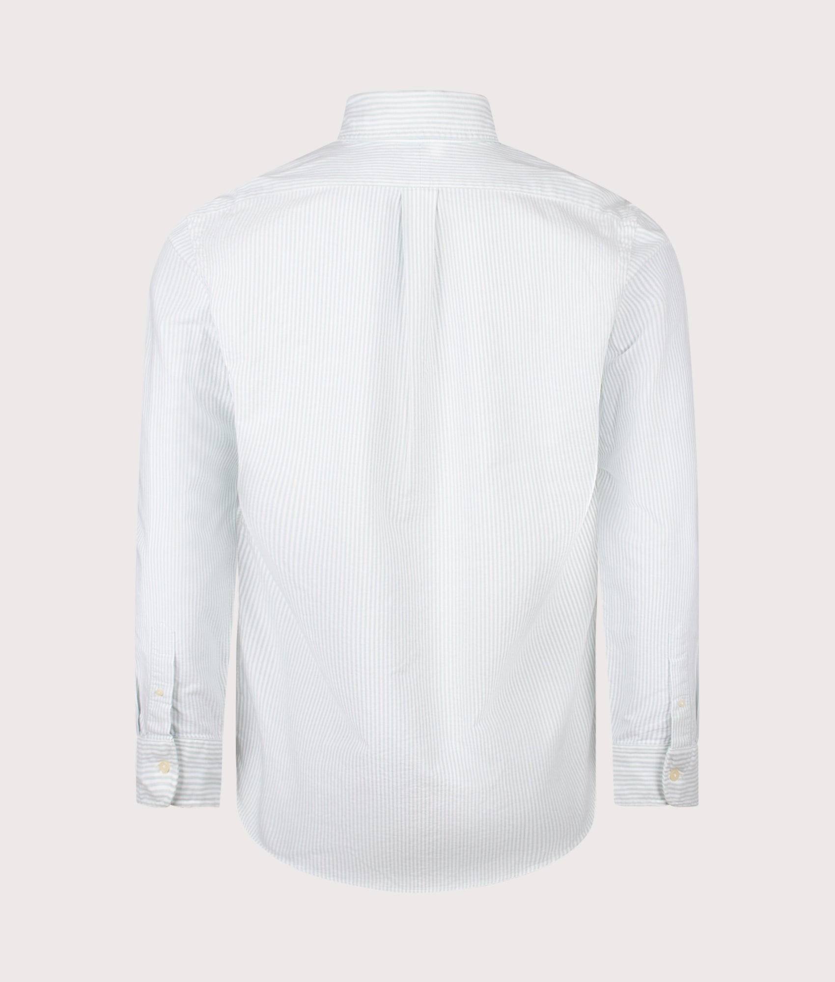 Polo Ralph Lauren Custom Fit Striped Oxford Shirt in Faded Mint and White stripe at EQVVS Menswear. Back shot.